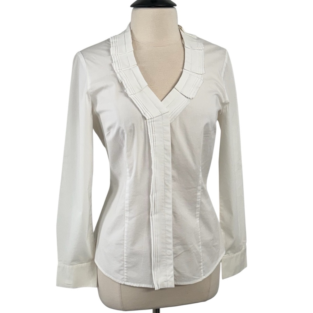 Worthington Long Sleeve, V-Neck Accordion Pleated Ruffle Blouse, White, Size: L